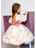 Puff Sleeve Printed Organza Tea Length Flower Girl Dress